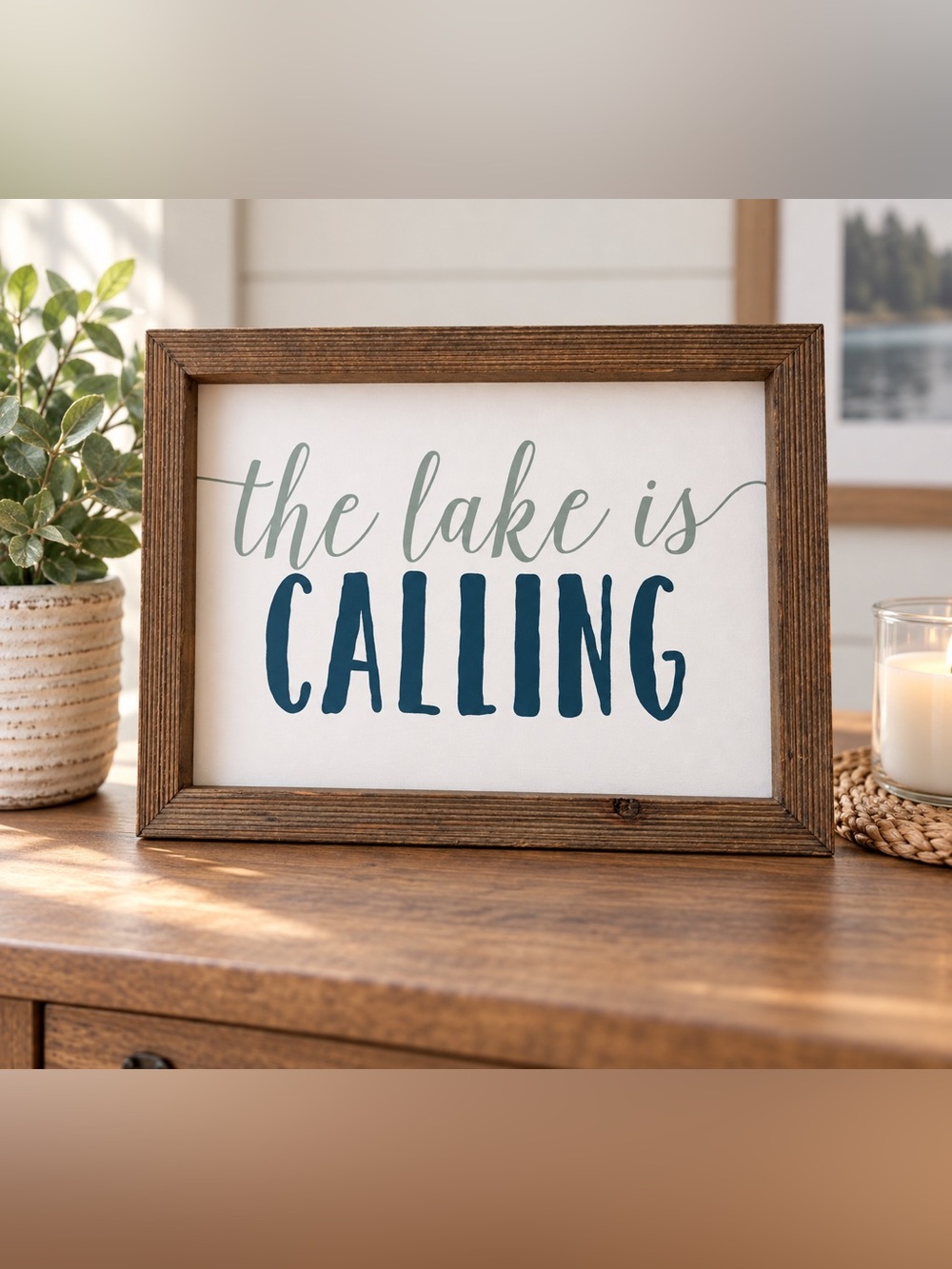 Framed "The Lake Is Calling" Wall Art - Blue & Sage